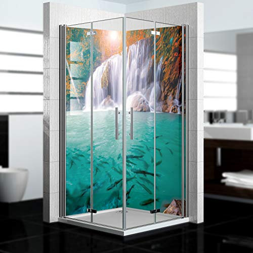 dedeco Eck-Duschrückwand wasserfest mit Wasserfall V16 Motiv - 2 x 90x200 cm, als Badrückwand zum Fliesenersatz, als Dekorwand, Wandverkleidung und Duschplatte aus Aluminium - Made in Germany