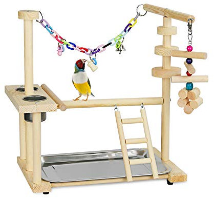 Olpchee Vogelspielplatz Papageien Spielplatz Vogel Spielständer Holz Sitzstange Fitnessstudio Laufstall Leiter mit Futtertassen Spielzeug für Nymphensittich Sittiche – inklusive Tablett