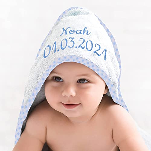 Deitert Kapuzenhandtuch Bestickt mit Name, Geburtsdatum oder Wunschtext, 100% Baumwolle - ÖkoTex geprüft, Babyhandtuch extra weich, für Mädchen und Jungen - hellblau