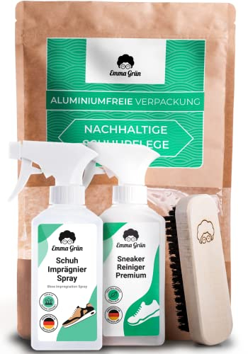 Emma Grün® Sneaker Cleaner Reinigungsset 250ml [Bürste + Imprägnierspray] - Nachhaltiges Komplettset - Schuhputzsets Sneaker Reiniger Weiß - Schuhreiniger Schuhpflegeset - Shoe Cleaning Kit