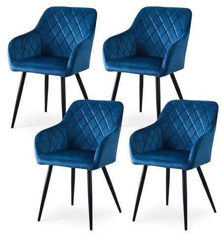 CLIPOP Esszimmerstühle 4er Set, Küchenstühle Blau Samtstoff Wohnzimmerstühle Polsterstühle mit Armlehne Metallbeine Polstersessel Stühle für Esszimmer Wohnzimmer Küche (4, Samt Blau)