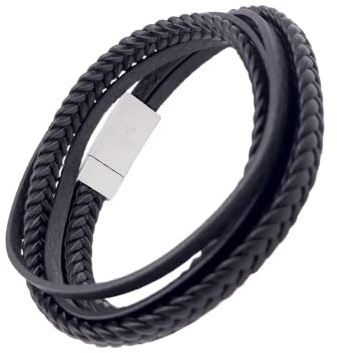 LEODYNE Geflochtenes Wickelarmband aus Leder in schwarz oder braun - Armband Herren mit Magnetverschluss aus Edelstahl Lederarmband Männer (XL - 23.5cm, Schwarzes Leder, Edelstahlverschluss)