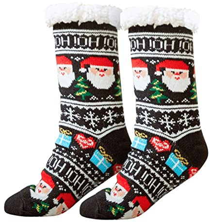 Wishstar Weihnachtssocken, Warme Socken Weihnachten, Kuschelsocken Damen, Christmas Socks mit Teddyfutter und Anti Rutsch Noppen, Wintersocken für Damen und Herren(Schwarz Weihnachtsmann)