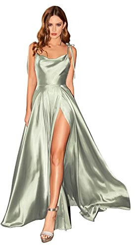 BABYONLINE D.R.E.S.S. Vestido de noche de cóctel para boda, largo y elegante con tirantes sin espalda con ranura de raso, verde, 38