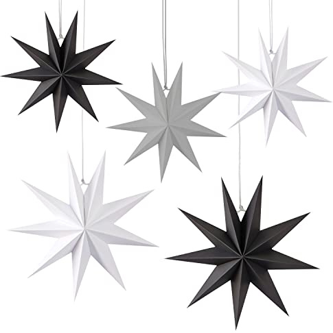PFLYPF 5 Stück Weihnachtspapiersterne, gefaltete Sieben Spitze Sterne, 2 Stück Durchmesser 40 cm, 3 Stück Durchmesser 25 cm, Fensterdekorationen, (weiß, schwarz, grau)