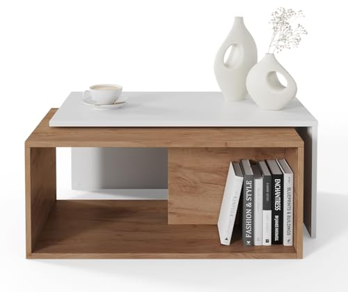 PLATAN ROOM Couchtisch Kaffeetisch 2er Set 90x48x40 cm, moderner Wohnzimmertisch, Sofatisch mit Stauraum, Satztisch (Weiß/Eiche)