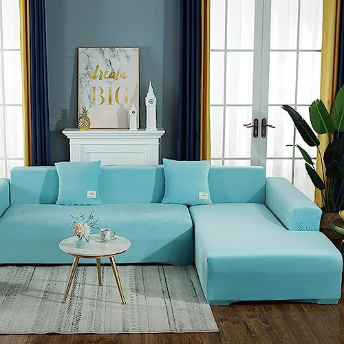 JunJiale Couchbezug in L-Form, segmentierter Sofabezug, 1-teilig, weicher Stretch-Sofa-Schonbezug, 4-Sitzer-Möbelschutz, Couch-Schonbezug (Himmelblau)