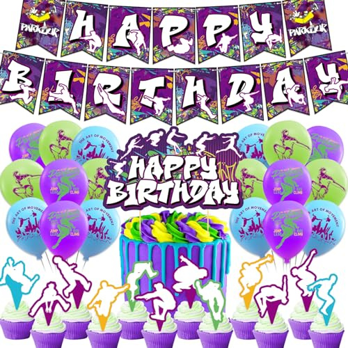 LFCFDX Parkour, decorazioni per feste di compleanno, accessori per feste di compleanno, con parkour, compleanno, striscione per torte, topper per cupcake, palloncini per parkour, compleanni, feste