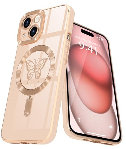 Lafunda Cover magnetica per iPhone 15 Plus Custodia con MagSafe protezione fotocamera sporgente Farfalla Case Placcatura oro ragazza Bumper antiurto per iPhone 15 Plus Rosa