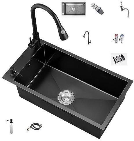 Schwarzes Einzelbecken-Einbauwaschbecken aus Edelstahl mit Heiß- und Kaltwasserhahn,handwaschbecken ,Abflusskorb-Abfluss mit Warm- und Kaltwasserhahn für kompakte Küche ( Size : 78*43cm/30.7*16.9in )