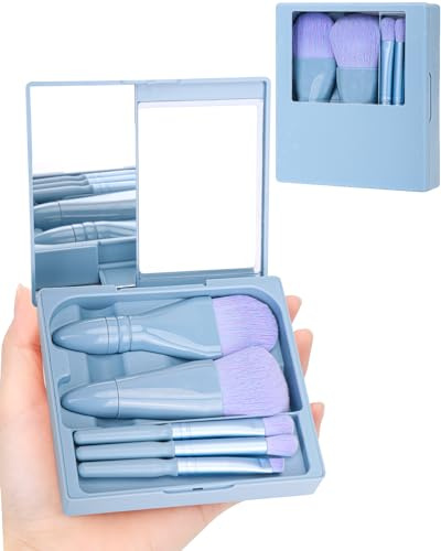 PGRODE Travel Size Makeup Brushes Mini Set with Hard Case and Built-in Mirror, 5Pcs Small Cosmetic Brushes, On the Go Brush Travel Essentials kits for Women, Girls Gift (Sky Blue)