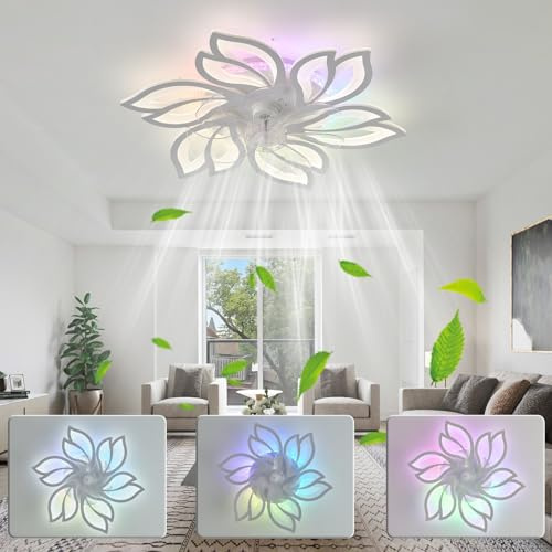 Luyaim RGB Flor Ventilador De Techo Con Luz Y Mando A Distancia Reversible Silencioso DC Motor Dormitorio Lámpara De Techo Con Ventilador Salón Dimmable Plafon Led Ventiladores Diseño, 6 Velocidades