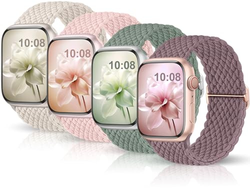 4 Pack Braided Strap Compatible for Apple Watch Straps 40mm 41mm 38mm 42mm 44mm 45mm 46mm 49mm, Breathable Stretchy Elastic Sport Loop for iWatch Series 11 10 9 8 7 6 5 4 3 2 1 SE Ultra for Women Men