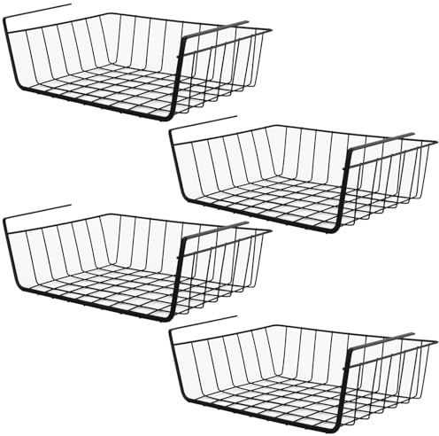 JIEHIN 4 Stück Unterregal Aufbewahrungskorb, Hängekorb Regal Unterschrank Hängekorb Metall Hängekorb Organizer Schwarz Regaleinhängekorb für Küche, Büro, Speisekammer, Bad, Schrank