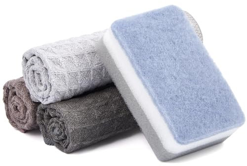 Fanfanwin 3 Pcs Microfiber Cleaning Cloth Dust Rags with Sponge Cleaning Towels Hot Tub Accessories Microfiber Scrubber, Cleans Without Scratching, for Home Farmhouse Kitchen Party
