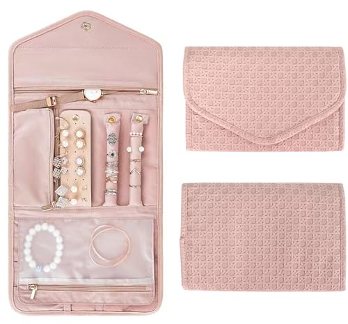 Faltbare Reise Schmuck Organizer,Leder Schmuckaufbewahrung Schmuckrollen Tragbare,Aufbewahrungstasche für Schmuck, Schmuckrolle Organizer Tasche für Ohrringe Halsketten Ringe Armbänder Uhren (Rosa)