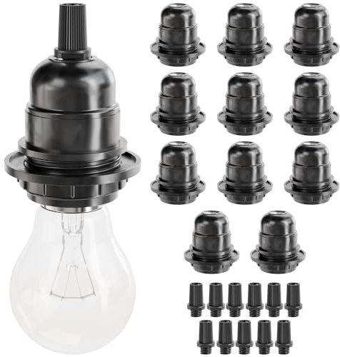 greate E27 Fassung schwarz mit Schirmträgerring & Gewinde | 12er Pack Lampenfassung E27 - Glühbirnen Fassung 250V 60W aus Kunststoff für Lampenschirm - Light Bulb Socket