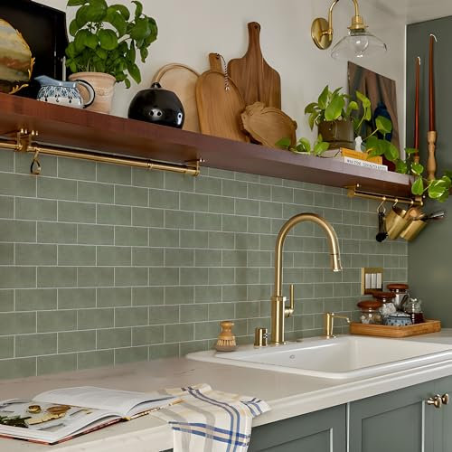 Alwayspon Fliesenaufkleber, Salbeigrün, selbstklebend, zum Aufkleben auf Fliesen, Transferaufkleber für Badezimmer, Küche, Spritzschutz, abziehen und aufkleben, Vinyl-Boden-Wandfliesen, Aufkleber, 10