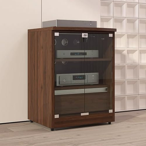 GUAWJRZDP Audio Rack Hi Fi Regal mit Stauraum, Phonoschrank Mit Verstellbaren Regalen, Plattenspieler Regal mit Glastüren, Holz Hi Fi Regal mit Klappdeckel(Walnut,2-Tier)