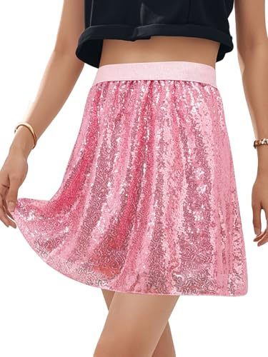 BALAYSIER Sequin Skirt with Lining High Waist Elastic Sparkly Skirts Mini A line Glitter-Skirt for Women(Pink, L)