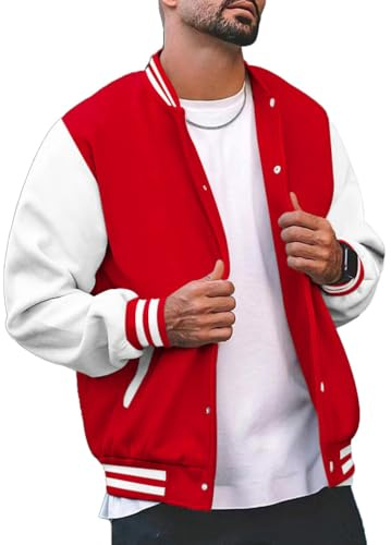 seiveini Giacca da Baseball Uomo Senza Cappuccio Giacca College Bomber Varsity Jacket Cappotto Felpa Sportivo Retrò Autunnale Invernale A Rosso M