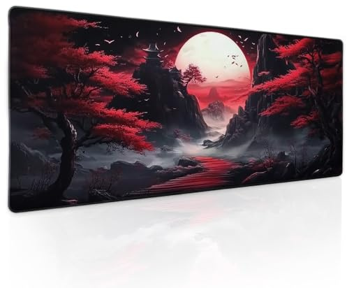 Alfombrilla de ratón japonesa negra y roja XL Luna Sakura Cherry BLoosm Tree Extended Table Mat 80 x 30 cm, base de goma antideslizante, borde cosido, alfombrilla de mouse grande XL para escritorio,