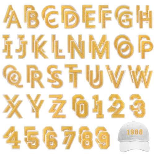 FR 72 Pcs Iron on Letters and Numbers Patches, Varsity Alphabet Embroidered Patch A-Z, Numbers 0-9 Applique for Clothes, Dress, Hat, Jeans, DIY Accessories (Yellow)