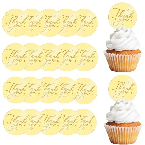 URROMA 20pcs Round Thank You Cake Toppers, Mirrors Acrylic, Cake Discs & Acrylic Cake Picks (style8)