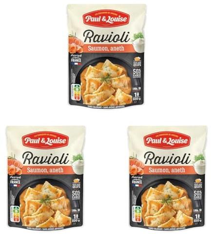 Paul & Louise Ravioli Saumon, Aneth 300g - Sachet micro-ondable - Prêt en 1 minute 30 - Pâte aux œufs - 50% de farce - Sans colorant - Sans arôme artificiel - Nutriscore B (Lot de 3)