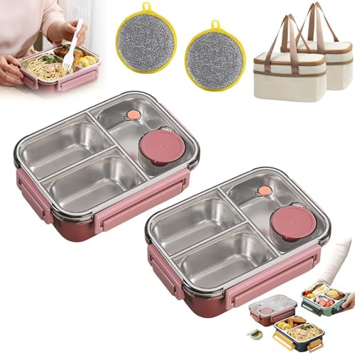 Escentio Lunch Box, Bento Box Adult Nestable Umami Space Saving, Bento Box Umami, Stainless Steel Bento Lunch Box, With Fork Spoon Sauce Box (Pink-B*2)