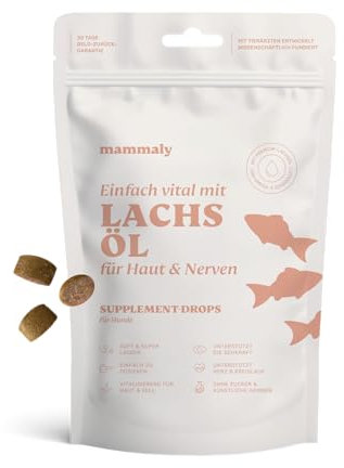 Lachsöl Drops für Hunde - 60 Leckerli (110g) von mammaly - Mit Lachs, Vitamin D & Omega 3 für Haut und Fell/Skin & Coat, Fellpflege & Hautpflege - Kann bei Haarausfall unterstützen für deinen Hund