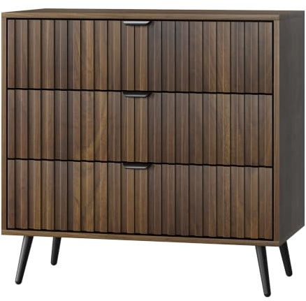 Smart FENDEE Fluted 3 Drawers Dresser, 31.5“ W Mid- Century Modern Wooden Chest of Drawers, Large Night Stand Organizer for Bedroom, Closet, Hallway, Entryway, Walnut