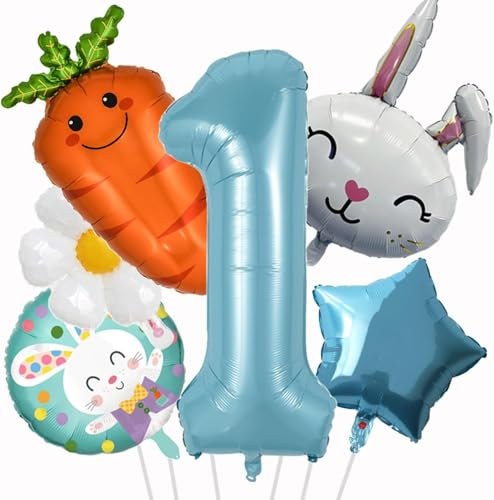 Ballon Paques 6 Pièces avec Lapin, Chiffre 1, Carotte, Fleur Marguerite, Étoile Hélium pour Pâques, Baby Shower, 1 An d'Anniversaire Décoration