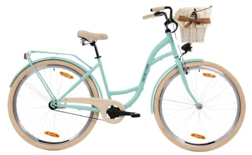Goetze Style 28 Zoll Damen Citybike, 18 Zoll Tiefeinsteiger Stahlrahmen, 1-Gang Rücktrittbremse, V-Bremse vorne, LED-Beleuchtung, Rattankorb, Komfortsattel, mit Seitenständer & Klingel