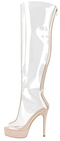 blingqueen Damen Stiefel PVC Transparente Boots Peeptoe Plateau High Heels Overknee Sommerstiefel mit Reißverschluss Lack Beige 35 EU