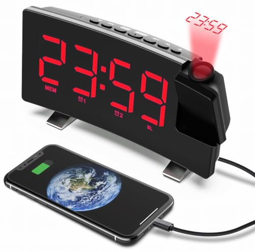 Retoo Projektionswecker, 8 Zoll LED, Dual Alarm, 5 m Reichweite, 5V USB | 10 Lautstärkestufen, 3 W Lautsprecher, Wand- und Deckenprojektion, 8,5 x 19 x 4 cm, Schwarz