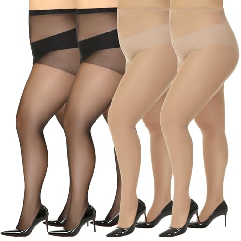 MANZI Women's Plus Size Sheer Tights Ultra-soft Pantyhose 20D Footed Stockings High Waist Nylons(Natural Nude+Black,3XL)