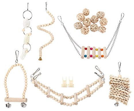 Qukaim Parrots Chewing Toy Set, Wood Hanging Hammock Bird Cage Swing Toys for Parakeets and Cockatiels, Includes Bird Swing and Bite Toys, Bird Cage Accories