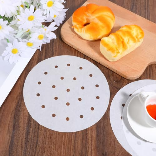 Pack of 100 Bamboo Steamer Paper, 8 Inch Air Fryer Paper, Round Parchment Paper, Non-Stick Steamer Liner, Dim Sum Papers for Hot Air Fryer, Steamer (White)