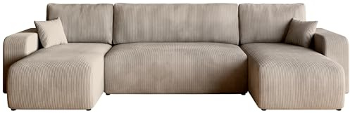 BROMARKT Ecksofa mit Bettkasten und Schlaffunktion 125x268 U-Form Beige | Wohnlandschaft für Wohnzimmer freistehendes Sofa Eckcouch mit Kissen Cordstoff Sofabett Sofabed Eckgarnitur PUMI U
