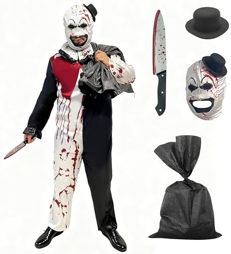 COSBERY Disfraz Payaso, Disfraz Terrifier Adulto, Disfraces de Payaso Asesino, Disfraces Halloween Hombre, para Halloween y Carnaval
