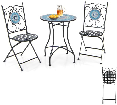 KOMFOTTEU Juego de Bistro de 3 Piezas Plegable, Conjunto de Muebles de Diseño de Mosaico con 2 Sillas y Mesa con Marco de Metal, Juego de Conversación para Balcón, Patio, Terraza (Azul)