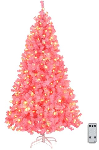 Bonnlo 6ft/1.8m Pre Lit Artificial Christmas Tree with 250 Warm White LED Lights, 8 Lighting Modes, Sturdy Metal Stand (Pink)