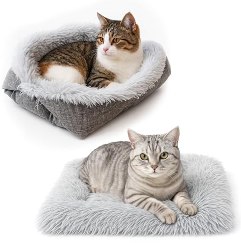 kelav 2 in 1 Katzenbett Waschbar, 61 x 51cm Katzenbett Flauschig Bequeme Schlaffläche, Grau Katzenkissen Wärmeisolierung, Haustierbett Hundebett Katzendecke, Verdicken Bequem Katzensofa