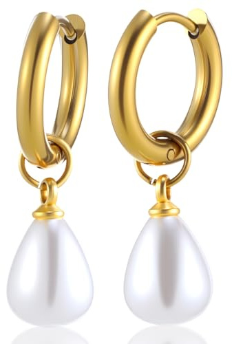 Gold and Pearl Earrings for Women Trendy Gold Plated Small Pearl Dangle Drop Huggie Hoop Earrings Lightweight Bridal Bridesmaid Wedding Golds Earring Jewelry Gift for Women