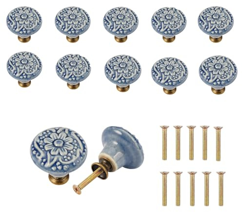 10 Pieces Ceramic Drawer Knobs Set, 34mm Vintage Round Decorative Cabinet Pulls with Mounting Screws, Furniture Hardware, Easy Installation Ceramic Cupboard Door Knobs for Cabinets, Wardrobes, Blue