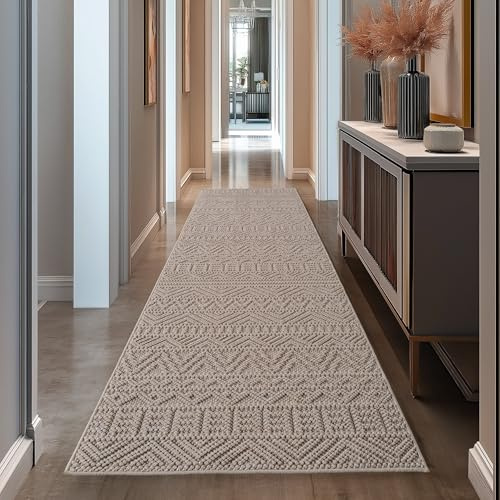 Teppium Teppich Läufer 80x250 cm Beige Vintage Design Bouclé Schlingenflor Skandi Stil Superweich Robust Pflegeleicht Moderner Flurteppich für Eingangsbereich Küche Korridor Schlafzimmer
