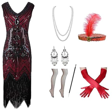 Generisch 20er Jahre Kostüm Damen, Charleston Flapper Kleid, Elegantes Vintage Outfit im Twenties Stil mit Federboa, Kopfschmuck, Perlenkette und Clutch als Art Deco Verkleidung für Damen