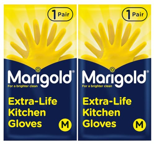 2 Pairs of Extra-Life Kitchen Cleaning Gloves | Roll-Top Cuffs Natural Rubber Latex Textured Grip Gloves with Cotton Lining for Dishwashing, Deep Cleaning & Household Cleaning | (Medium) - Yellow