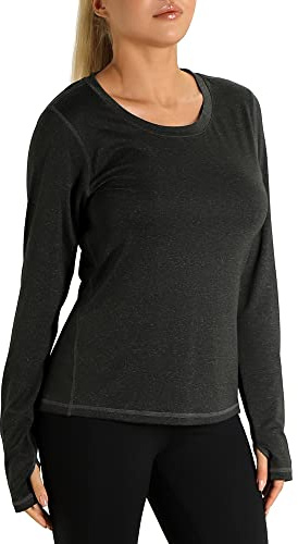 icyzone Långärmad löpartröja för kvinnor, sportskjorta med tumhål, fitness, yoga-topp, svart, XL